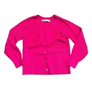 Zara Hot Pink Button Down Ribbed Cropped Cardigan Sweater Medium Scuba Top